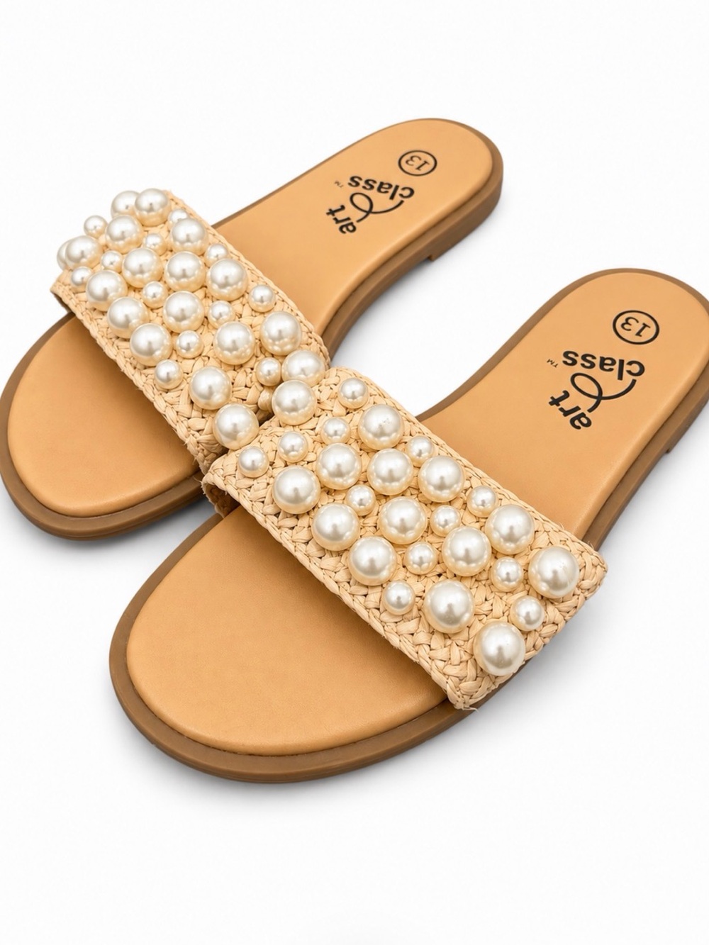art class Beige Woven Pearl-Embellished Slide Sandals for Kids